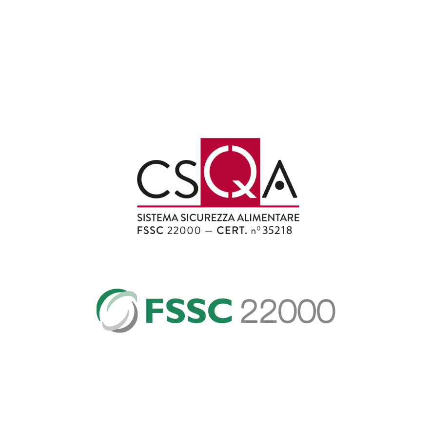 Logo raffigurante "CSQA" in grassetto con "Sistema Sicurezza Alimentare" sotto, seguito da "FSSC 22000 - Cert. n° 35218". In basso è riportato il logo "FSSC 22000", con un disegno circolare e testo in grigio e verde.
