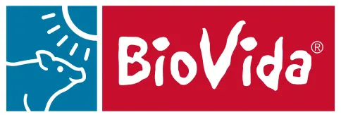 Il logo vanta un design rosso e blu. Il lato blu presenta un contorno bianco di una testa di mucca sotto un sole stilizzato, che simboleggia "salumi biologici". Sul lato rosso, "BioVida" è visualizzato in grassetto in lettere bianche.
