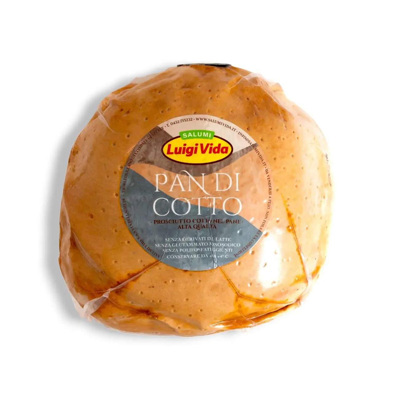 Una pagnotta rotonda di pane "Pan Di Cotto" di Luigi Vida, avvolta in plastica trasparente, che mostra l'etichetta. Il pane ha una crosta chiara, marrone dorato e l'etichetta indica che contiene prosciutto cotto e confettura di fichi.