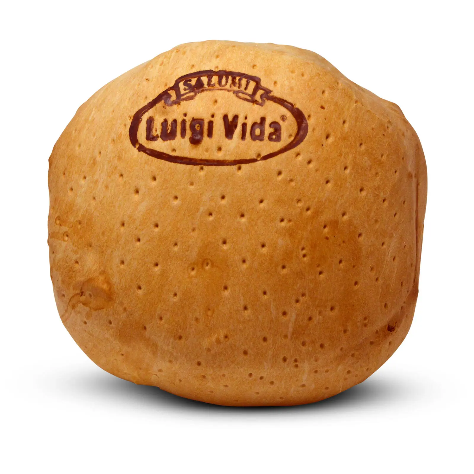 Un panino rotondo con una superficie leggermente irregolare, con la scritta "Luigi Vida" stampata in cima. Il pane è dorato con piccole impronte puntiformi.