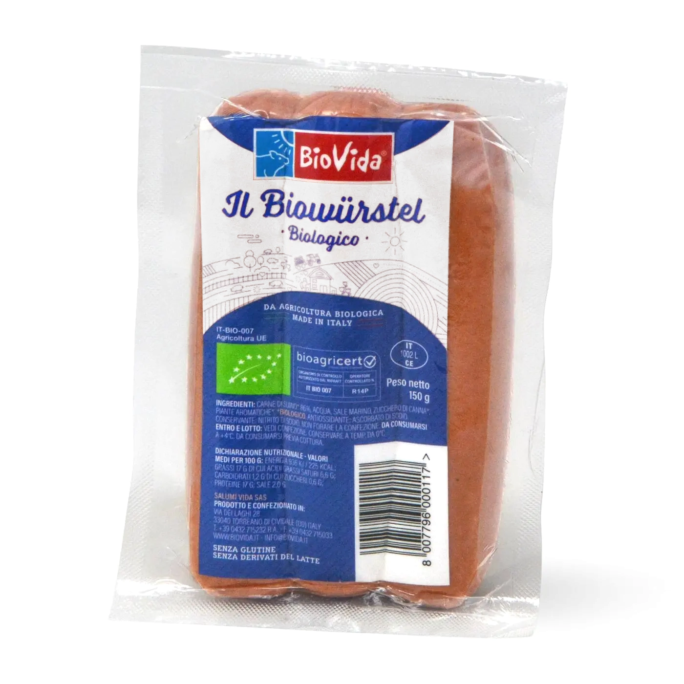 A vacuum-sealed pack of BioVida biowurstel organic sausages, showing the front label with product information, organic certification, barcode, and nutritional details.