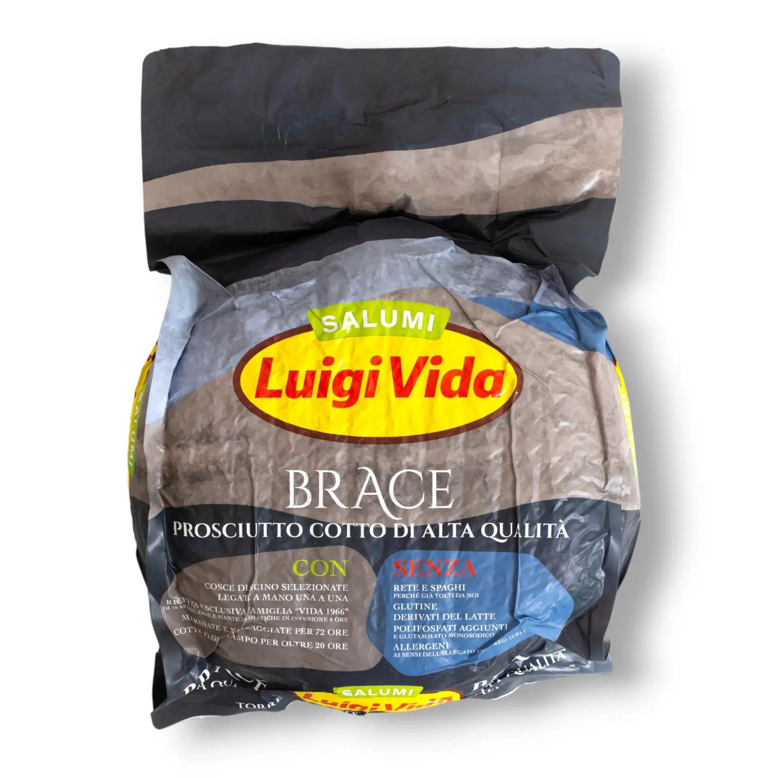 Un prodotto confezionato con l'etichetta "Luigi Vida Salumi Brace", con prosciutto cotto. La confezione ha testo in grassetto e colorato e informazioni nutrizionali. Il design è moderno e visivamente sorprendente.