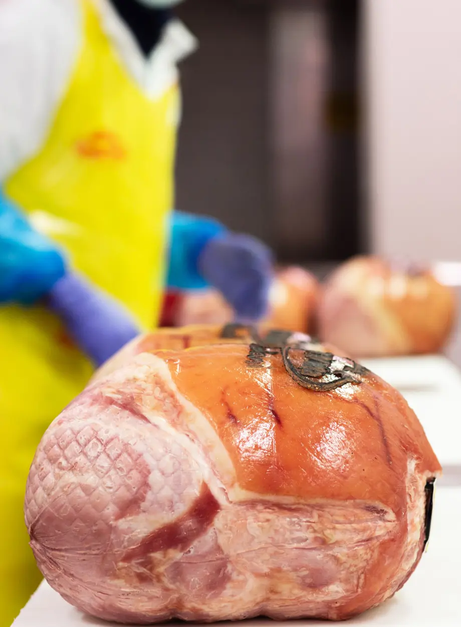 Un lavoratore con grembiule giallo e guanti viola lavora grandi pezzi di prosciutto stagionato in un impianto di produzione alimentare. L'attenzione è rivolta al prosciutto in primo piano, che ne mette in mostra la consistenza e il colore.