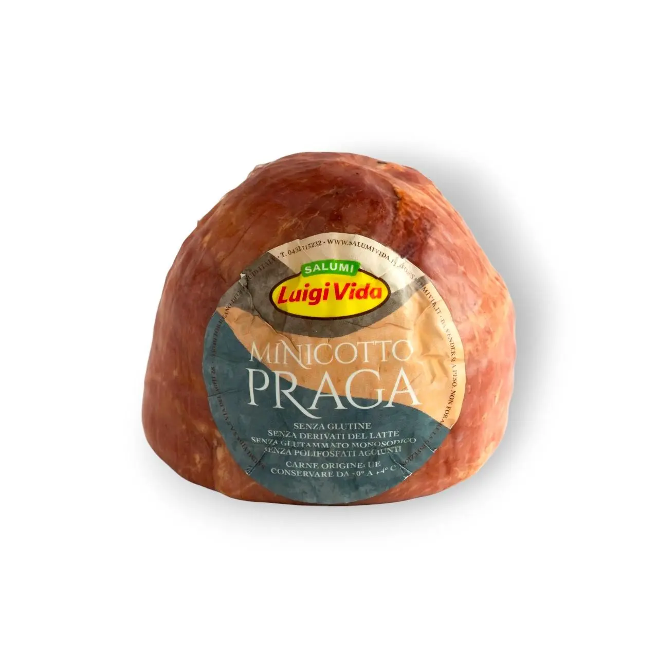 Un prosciutto intero confezionato etichettato "Salumi Luigi Vida Minicotto Praga", che ricorda il tradizionale prosciutto cotto. L'etichetta lo evidenzia come senza glutine e senza derivati del latte o della soia aggiunti, il tutto presentato su uno sfondo bianco pulito.