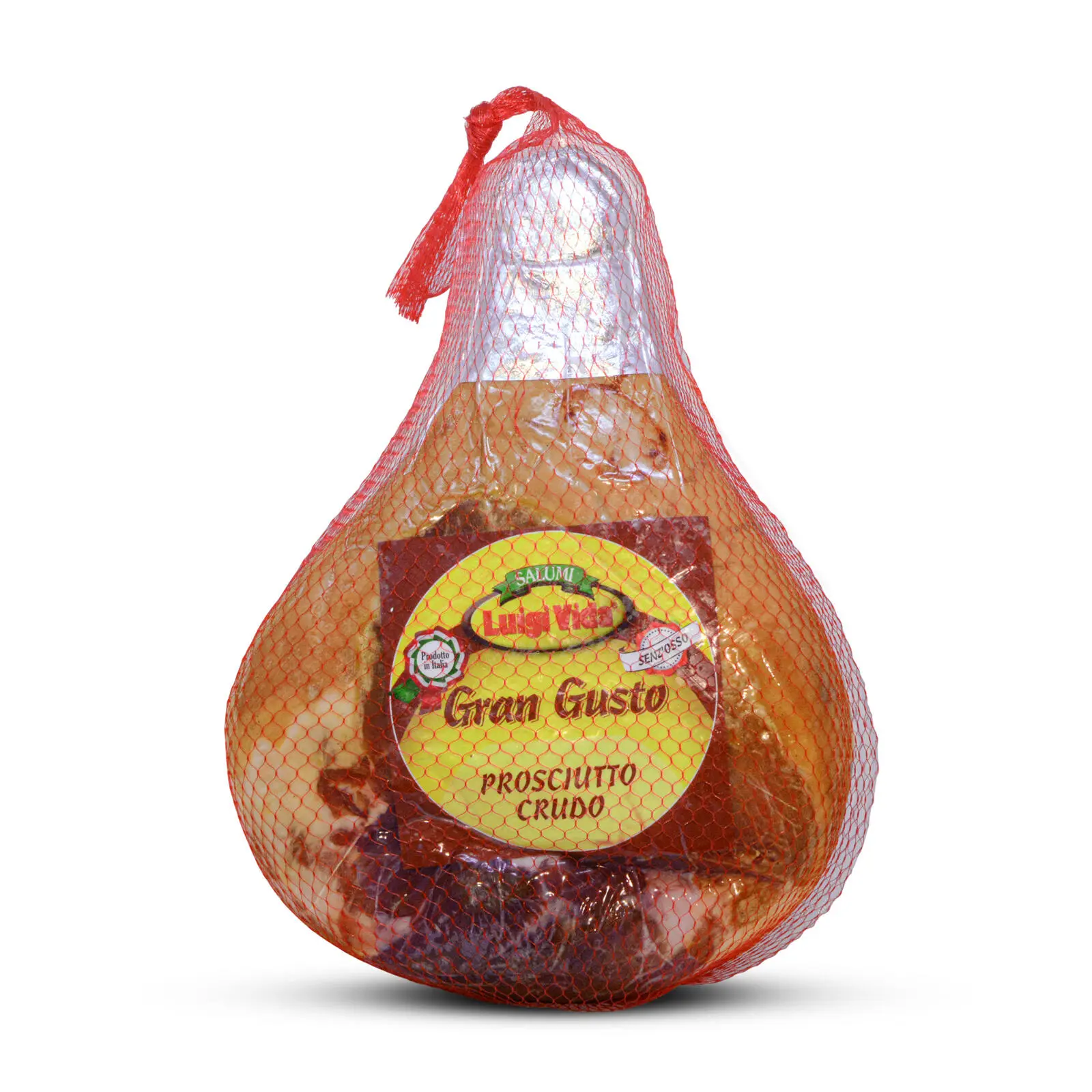 Una confezione sottovuoto di Gran Gusto Prosciutto Crudo avvolta in una rete rossa. L'etichetta è gialla con accenti rossi e verdi. Il testo include "Luis Vida" e "Gran Gusto.