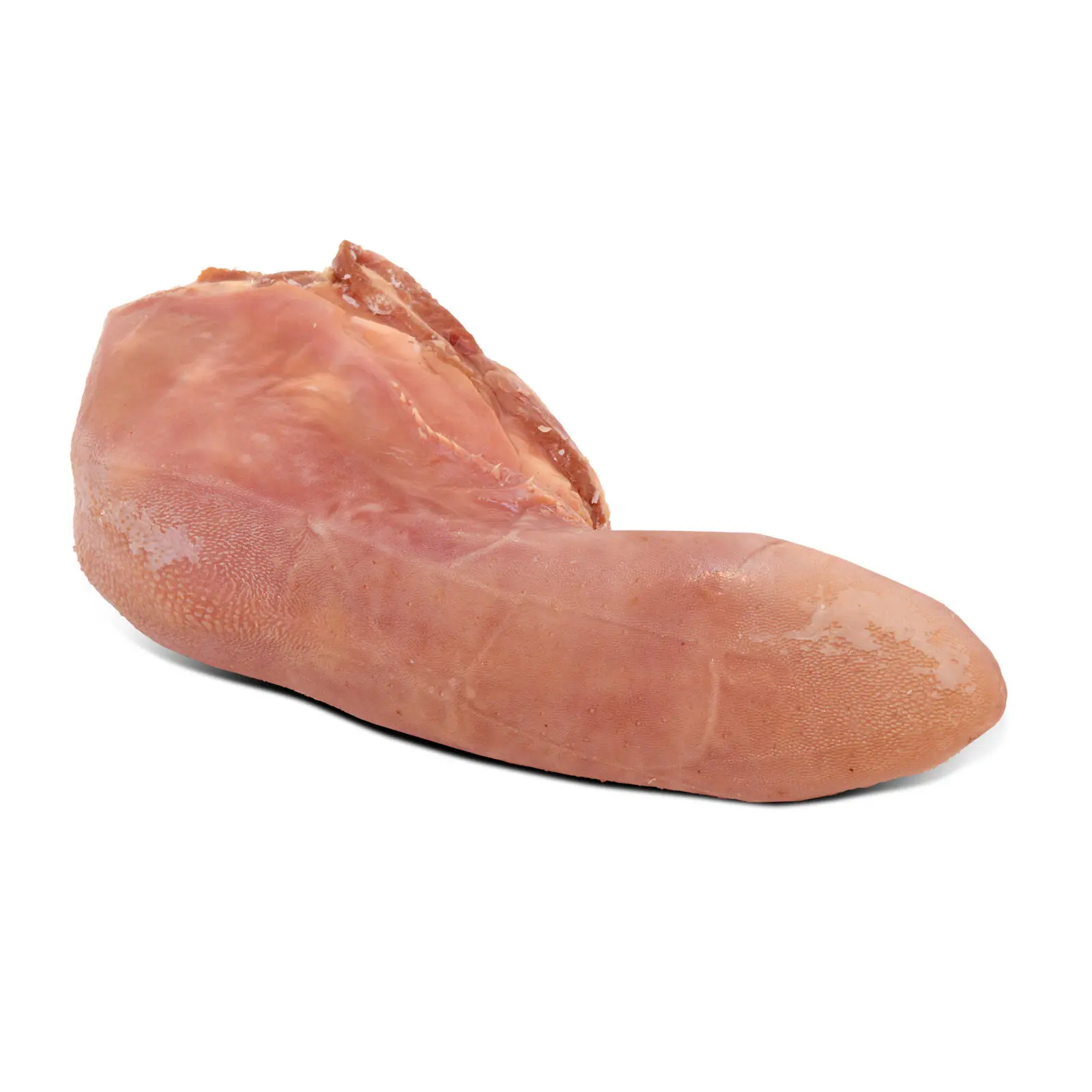 Una lingua di manzo cruda, marrone chiaro, giace su una superficie bianca, la sua consistenza è leggermente lucida e umida. Si può solo immaginare che si trasformi in una deliziosa lingua cotta con il giusto tocco culinario.
