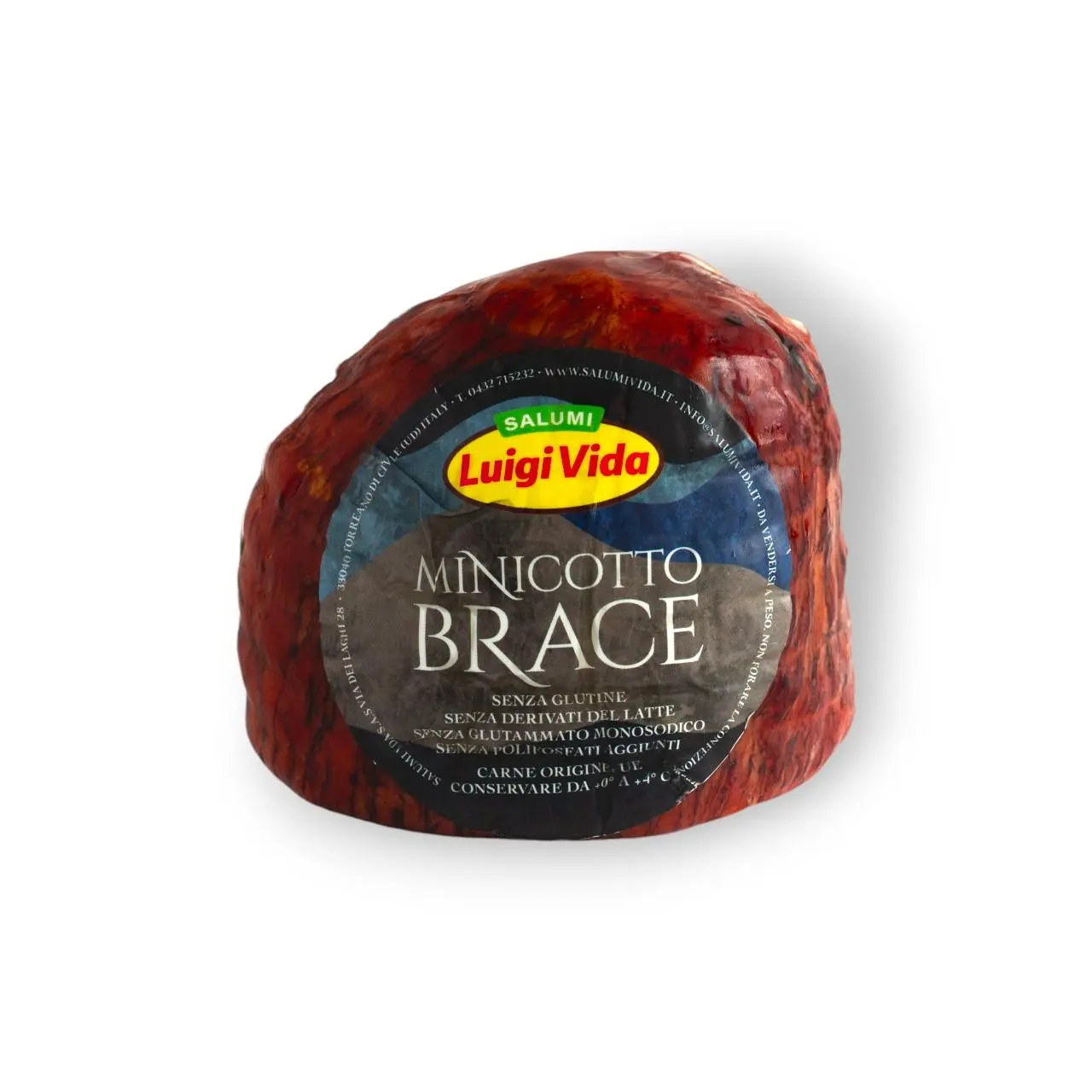 Un prosciutto italiano confezionato etichettato "Luigi Vida Minicotto Brace" con una copertura esterna rosso scuro, che ricorda il tradizionale prosciutto cotto brace. L'etichetta evidenzia la sua natura senza glutine e l'assenza di derivati del latte aggiunti e glutammato monosodico.