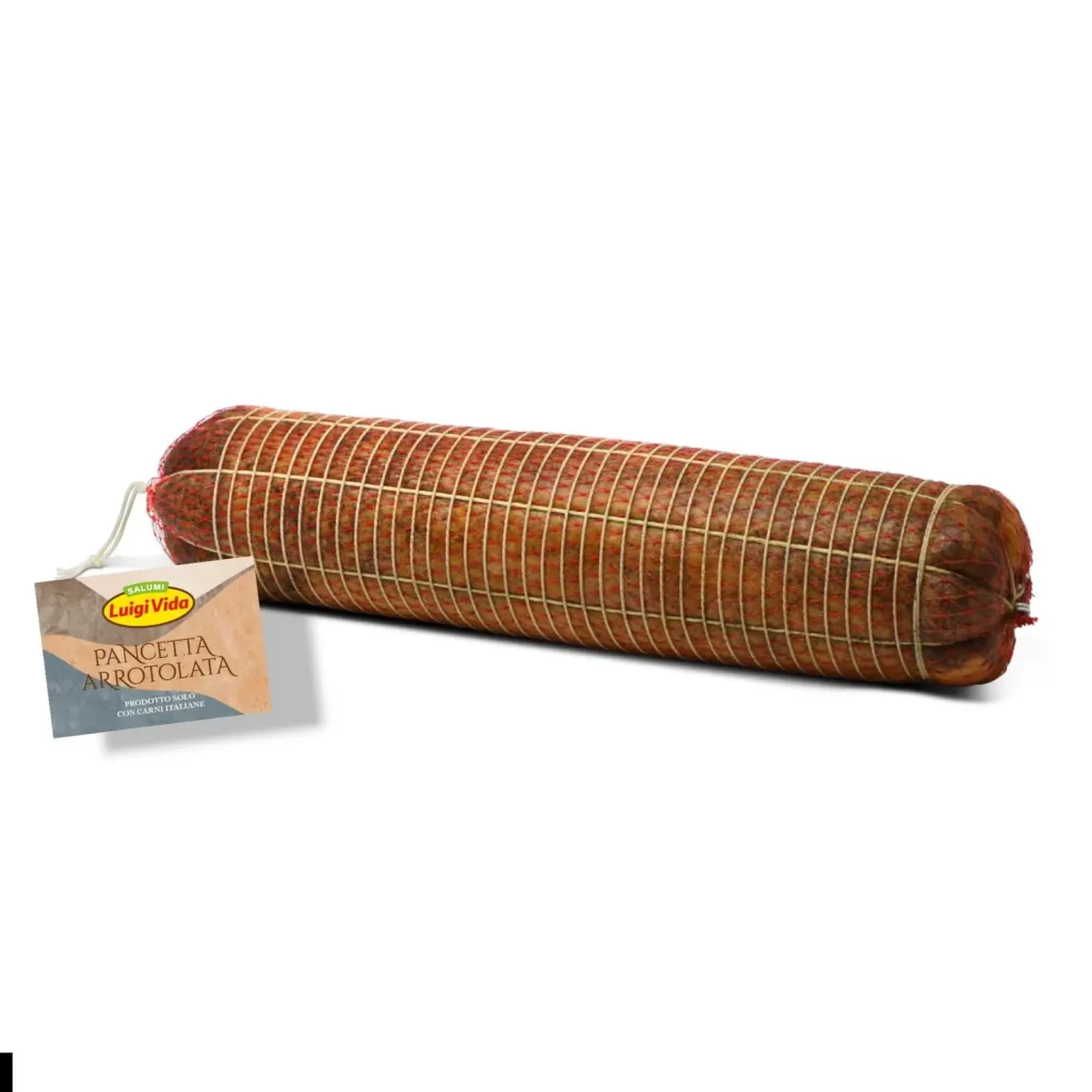Homemade rolled bacon “Pancetta” in sleeve