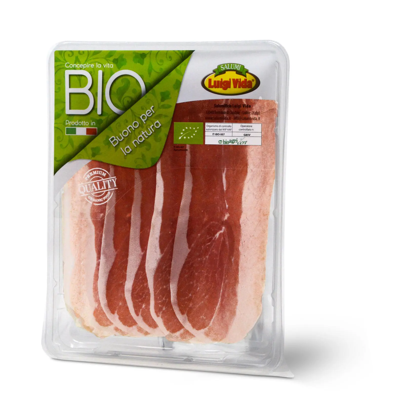 Una confezione di plastica trasparente di prosciutto biologico Luigi Vida con etichetta bio verde. La confezione mostra diverse fette di prosciutto tagliato sottile, certificato biologico con emblemi di qualità.