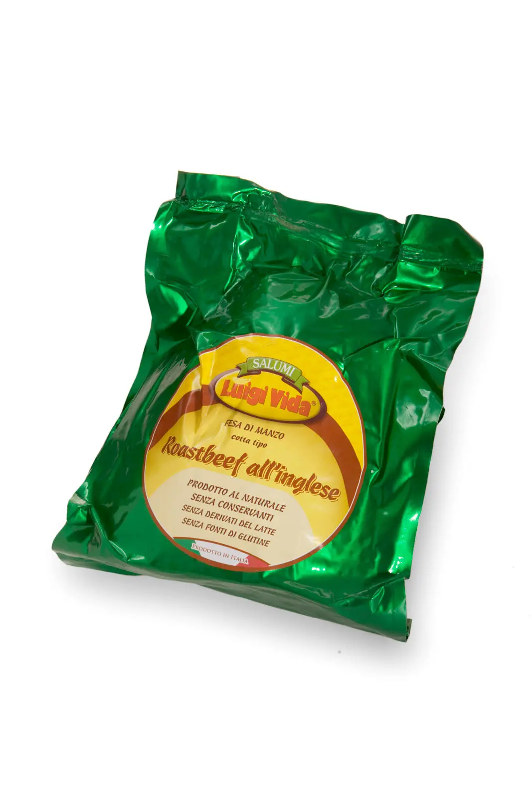 Una confezione di Luigi Viani Roastbeef all’Inglese in una confezione verde brillante. L’etichetta circolare, con il suo design rosso e giallo, sottolinea con orgoglio che questo è il miglior roastbeef di manzo, con dettagli del prodotto presentati elegantemente in italiano.