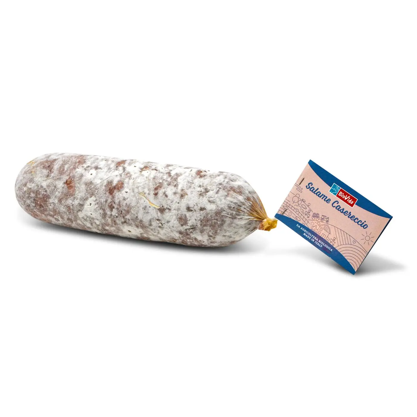 A whole salami with a label attached, placed on a white background. The salami has a textured, speckled appearance.