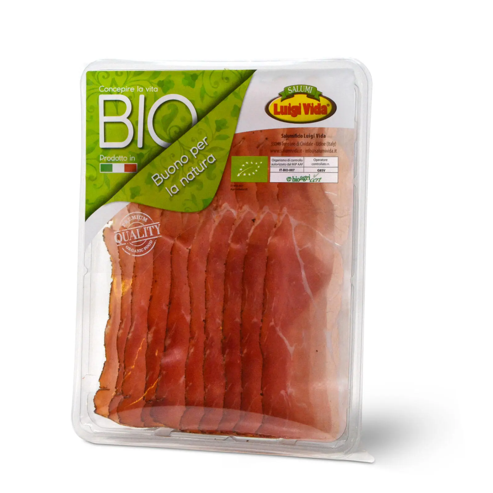 Una confezione di prosciutto biologico affettato etichettato "Bio" con marchio italiano, che mostra fette sottili disposte ordinatamente. La confezione include accenti verdi e sigilli di qualità.
