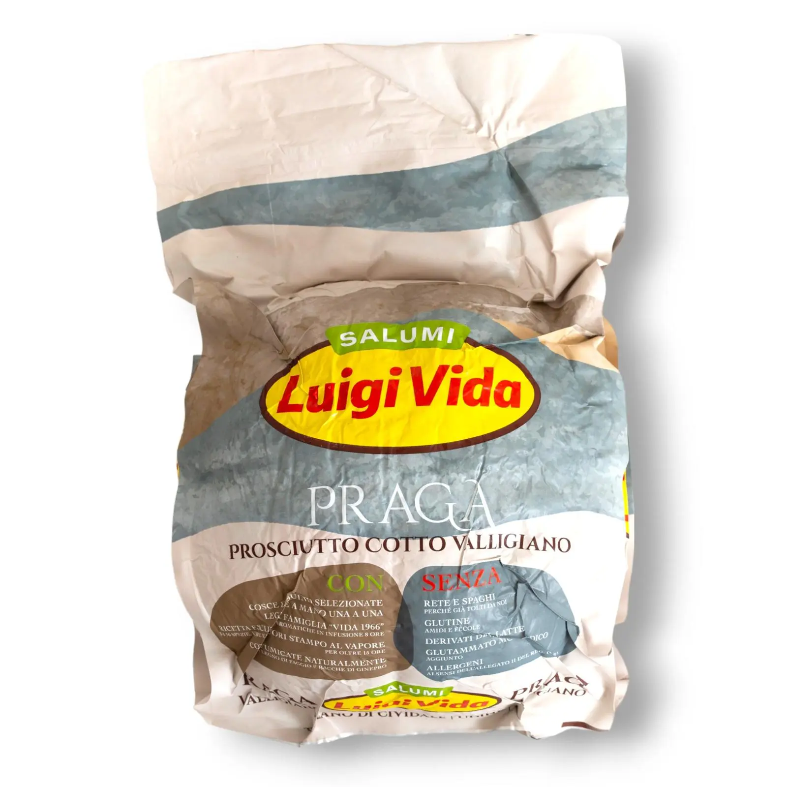 Un prodotto confezionato etichettato "Salumi Luigi Vida" con Prosciutto Cotto Valligiano. La confezione include dettagli sugli attributi senza glutine e senza lattosio, insieme ad altre informazioni sul prodotto in italiano.