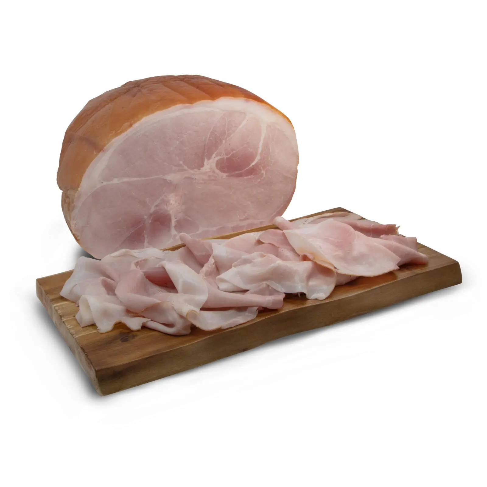 A block of sliced ham is placed on a wooden cutting board. The thin slices are arranged neatly in front of the larger unsliced section of ham. The board is set against a plain white background.