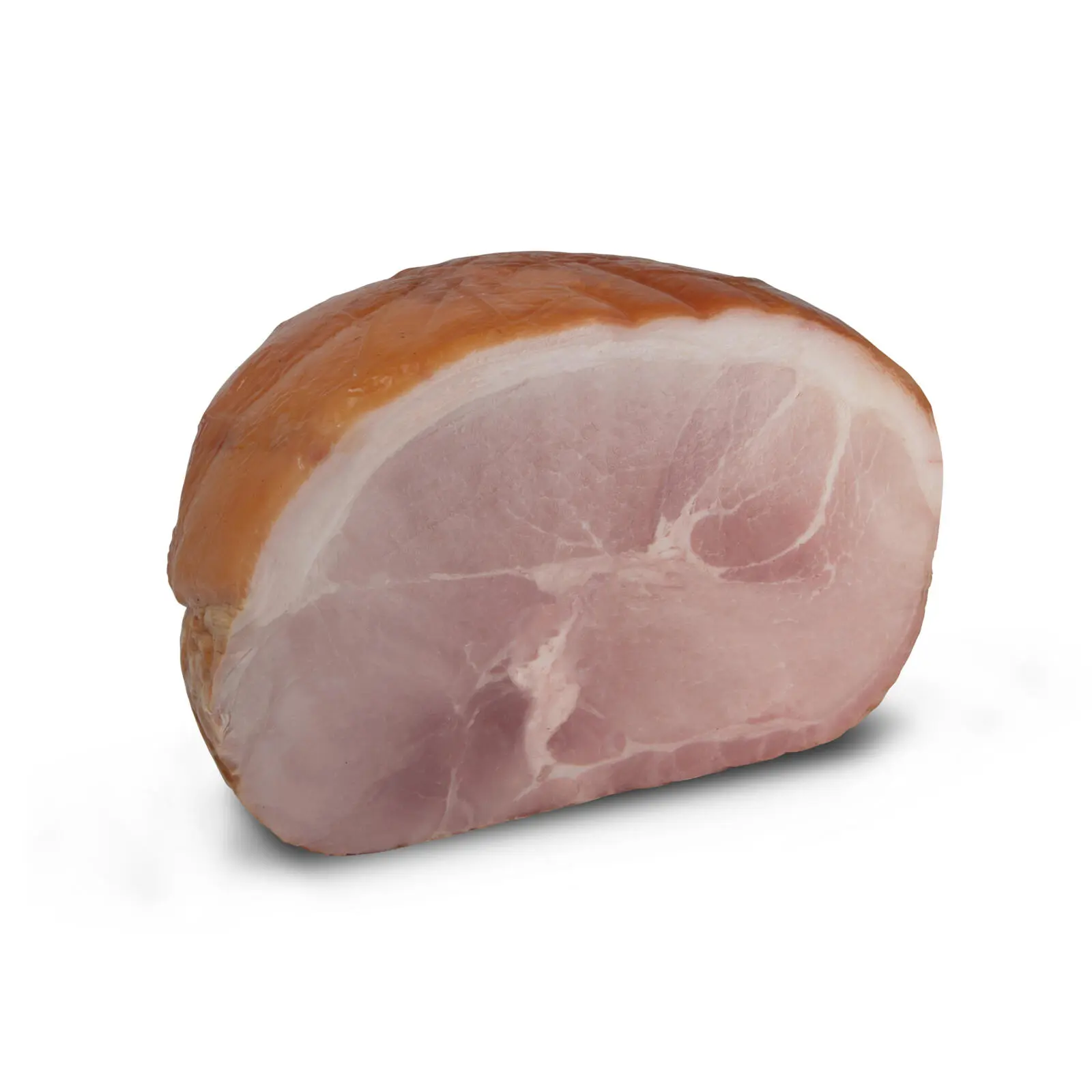 A sliced piece of ham with a glossy, pink interior and a light brown outer layer, placed against a plain white background.
